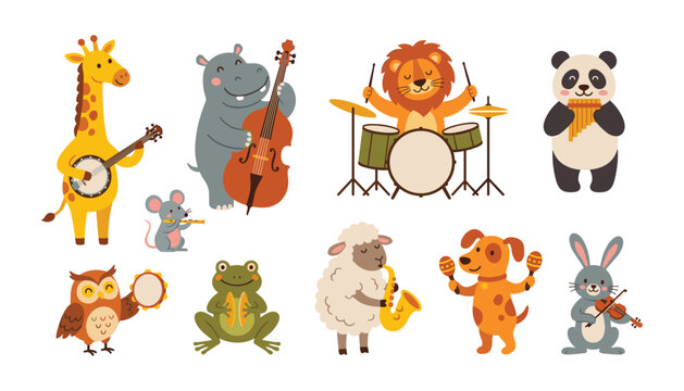 Cute cartoon animals playing musical instruments including banjo cello drums saxophone violin and maracas vector illustration set