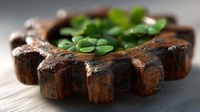 Green clover plants growing inside a rusted industrial metal gear cog