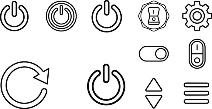 Power button on off switch interface vector line icon set featuring refresh arrow gear and toggle buttons