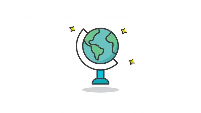 Looping Globe Icon Animation. Flat minimalist design of world map globe for geography and education, isolated on white background