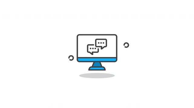 Looping Computer Icon Animation. Flat minimalist design of desktop monitor with chat messages, isolated on white background