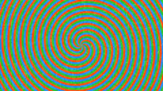 Colorful Hypnotic Spiral Animation with Orange Blue and Green Stripes.