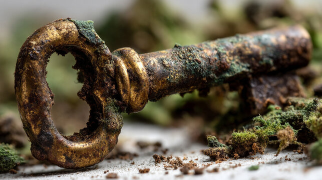Ancient rusty metal key lying on mossy ground surface with discovery, oxidation