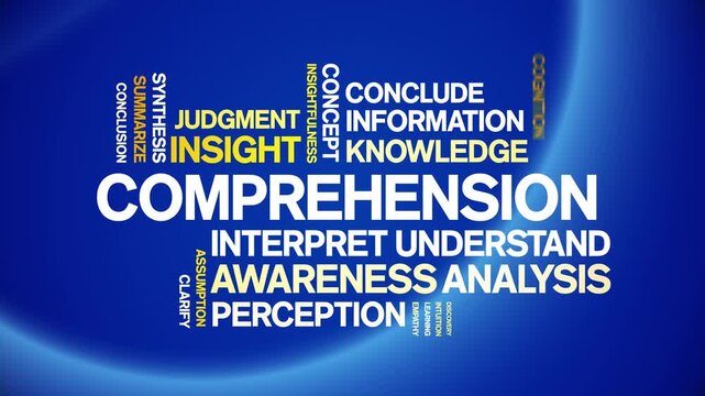 Comprehension animated word cloud-text design animation tag kinetic typography seamless loop.