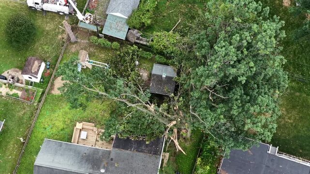 Bucket truck crane removes fallen tree limbs from debris covered yard in Manheim Township, Pennsylvania, swimming pool and garden beds sit beside storm damaged shed roof. Aerial drone top down shot