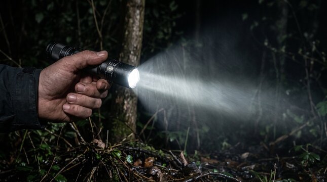 Hand holding powerful flashlight in dark night forest woods beam of light illuminating trees searching hiking camping adventure exploration outdoor