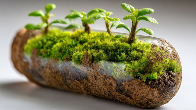 Small green plant seedlings growing inside a long cylindrical earthen container