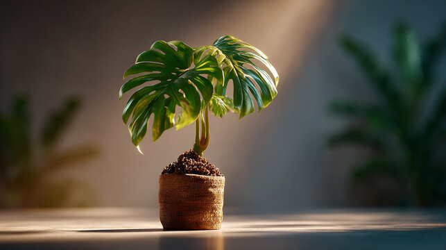 Small monstera plant in a rustic burlap pot illuminated by soft natural