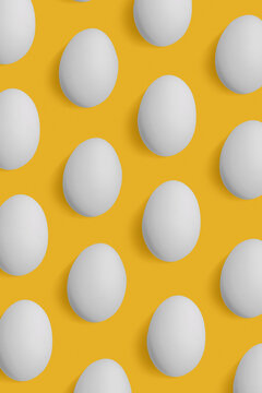 Natural white chicken eggs with soft shadow as minimal style pattern on yellow background. Top view still life photo, creative food layout, egg day holiday concept, graphic flat lay pastel colored.