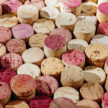 Natural corks texture as rustic background for interior design projects, atmospheric sunlight still life. Red pink beige colored wine cork textured pattern, craft, wine aesthetic, eco oriented visual.