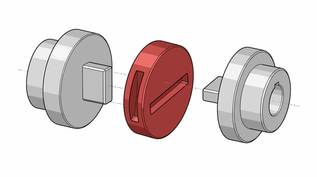 3D mechanical illustration showing an exploded view of an Oldham coupling with red center disk and grey metal hubs for torque transmission