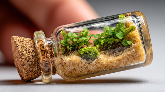Tiny miniature terrarium inside a glass bottle with cork terrarium miniature