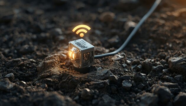 Soil moisture sensor plugged into dry agricultural dirt sending a wireless glowing signal representing smart farming