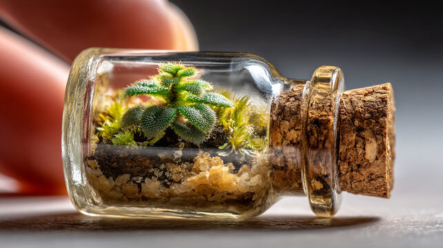 Miniature green plant in a horizontal glass bottle with terrarium, horizontal