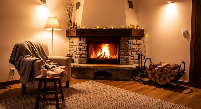 Cozy living room with a stone fireplace and armchair in winter evening