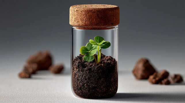 Small green sprout growing in soil inside a glass jar with cork lid, seedling