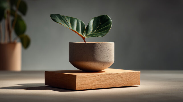 Small potted plant with large green leaves on a wooden block surface, lifestyle