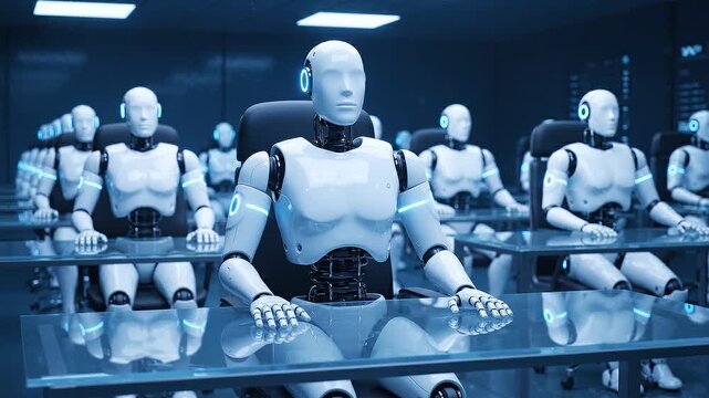 Robots sitting at desks in a classroom futuristic learning environment technology concept video robot