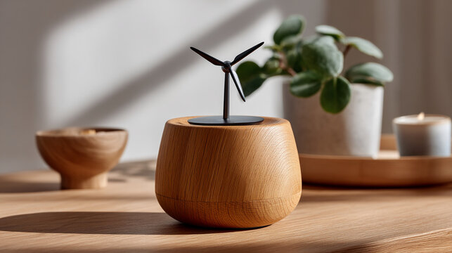 Small wooden tabletop wind turbine model decor with renewable, tabletop