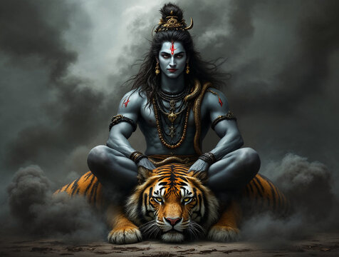 Lord Shiva sitting in meditative posture on a fierce tiger surrounded by dark stormy clouds, dramatic 3D digital artwork depiction of Mahadev Hindu deity.