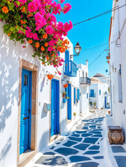Fototapeta premium Narrow street in traditional Greek village with whitewashed houses, bright blue doors, and vibrant pink bougainvillea flowers blooming under clear blue sky on a sunny summer day.