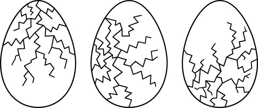 Three cracked dinosaur or reptile eggs with jagged fracture lines for prehistoric birth concept and hatching animal design elements