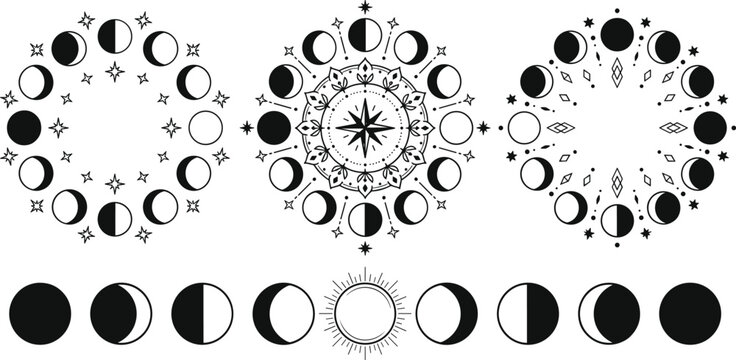 Mystical moon phases circle set with celestial star mandala design elements for esoteric astrology and witchcraft occult decoration