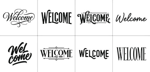 Premium welcome typography bundle set featuring eight distinct handcrafted lettering designs for creative projects and branding © 2h.designer07