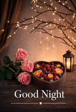 Beautiful good night arrangement with heartshaped fruit bowl roses and warm lantern lights