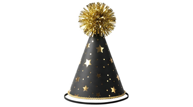 Black and gold party hat with star pattern isolated on transparent background