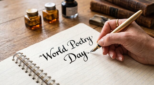 Hand writing world poetry day with fountain pen