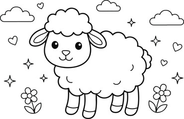 Obraz premium Cute fluffy sheep coloring page for kids with stars and clouds
