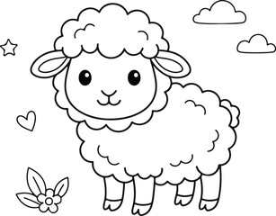 Obraz premium Cute cartoon sheep with flowers, hearts, stars and clouds