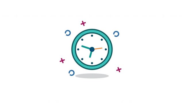 Looping Clock Icon Animation. Flat minimalist design of wall time symbol with hour and minute hands, isolated on white background