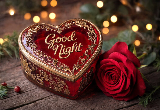 Beautiful heartshaped decorative box with good night inscription beside a red rose on wooden table