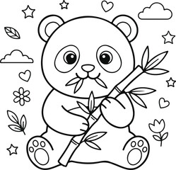 Obraz premium Cute panda bear eating bamboo leaves, coloring page for kids