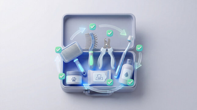 Pet care concept receiving medical treatment in veterinary clinic, detailed digital animal illustration showing animal behavior, responsible care, wellbeing, humane values, education, modern lifestyle