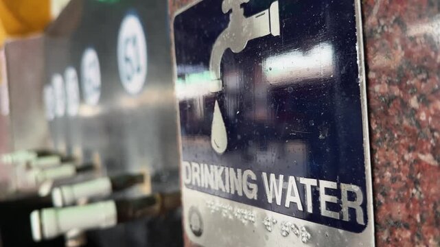 Static close up of a drinking water sign and stainless steel water faucets in a public facility