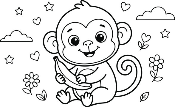 Cute cartoon monkey sitting and holding a banana