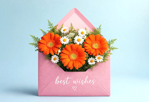 Beautiful pink envelope filled with vibrant orange and white flowers for best wishes greeting card idea