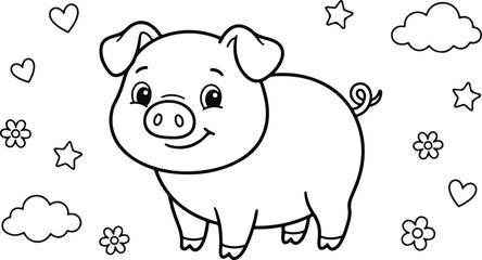 Fototapeta premium Cute cartoon piglet coloring page for kids with hearts, stars, flowers, and clouds