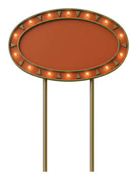 3D retro roadside sign, Retro oval marquee sign with glowing light bulbs and empty space