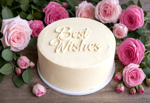 Beautiful round white best wishes cake surrounded by elegant pink roses and greenery arrangement