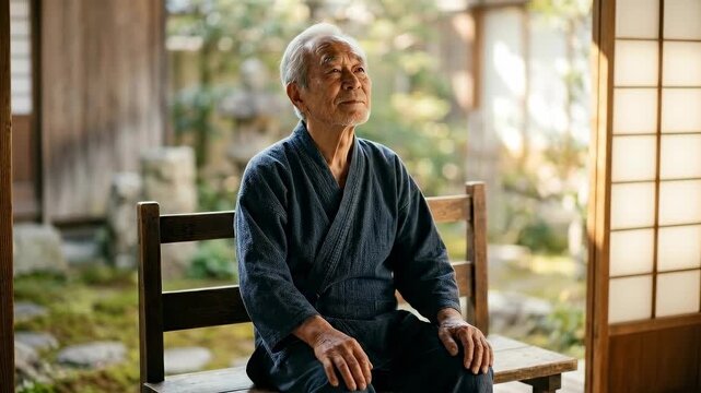 An elderly man, clad in traditional Japanese attire, sits in serene contemplation amidst the tranquil beauty of a Japanese garden, exuding an aura of profound peace and wisdom.