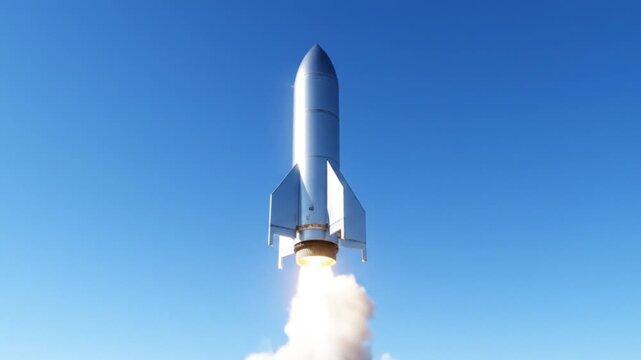 Futuristic Rocket Launching into Clear Blue Sky with Powerful Exhaust.