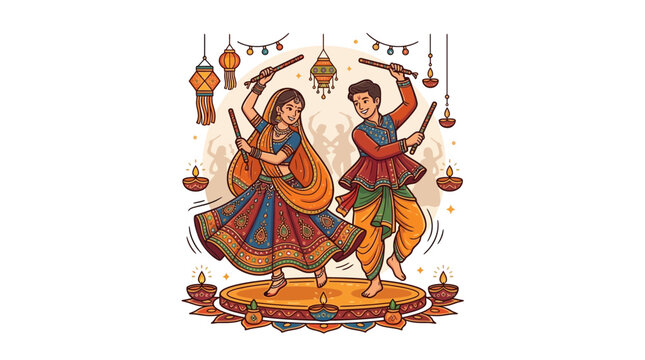 Traditional Indian couple performing Dandiya Raas folk dance.