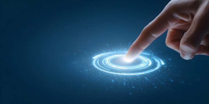 A finger touches a glowing blue holographic interface with concentric rings