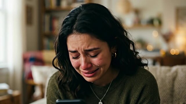 A young woman with dark hair is overcome with emotion, tears streaming down her face as she looks at her phone. Her expression conveys deep sadness and distress.