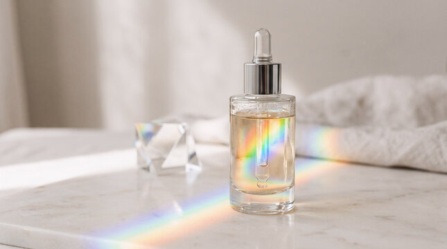 Serum dropper bottle rests on a white marble surface reflecting a vibrant rainbow prism effect.