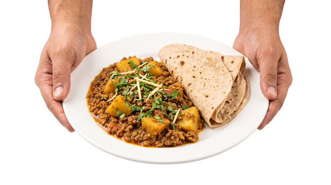 Traditional Keema Aloo curry with whole wheat chapati, hands holding a plate of spicy minced meat and potato stew, authentic Indian cuisine isolated PNG with Transparent Background